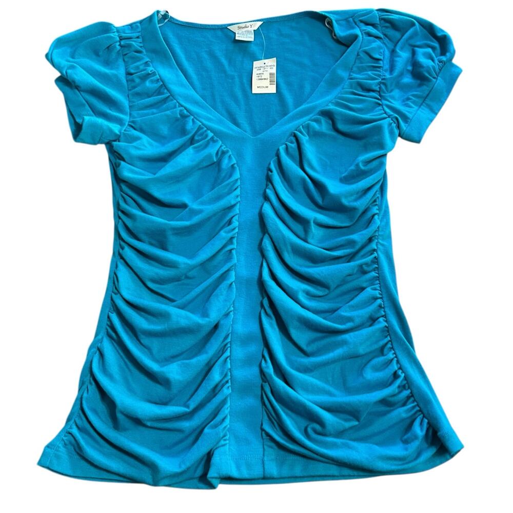 Y2K Ruched V Neck Top Womens Medium Blue Stretchy Cap Sleeve Coquette Indie